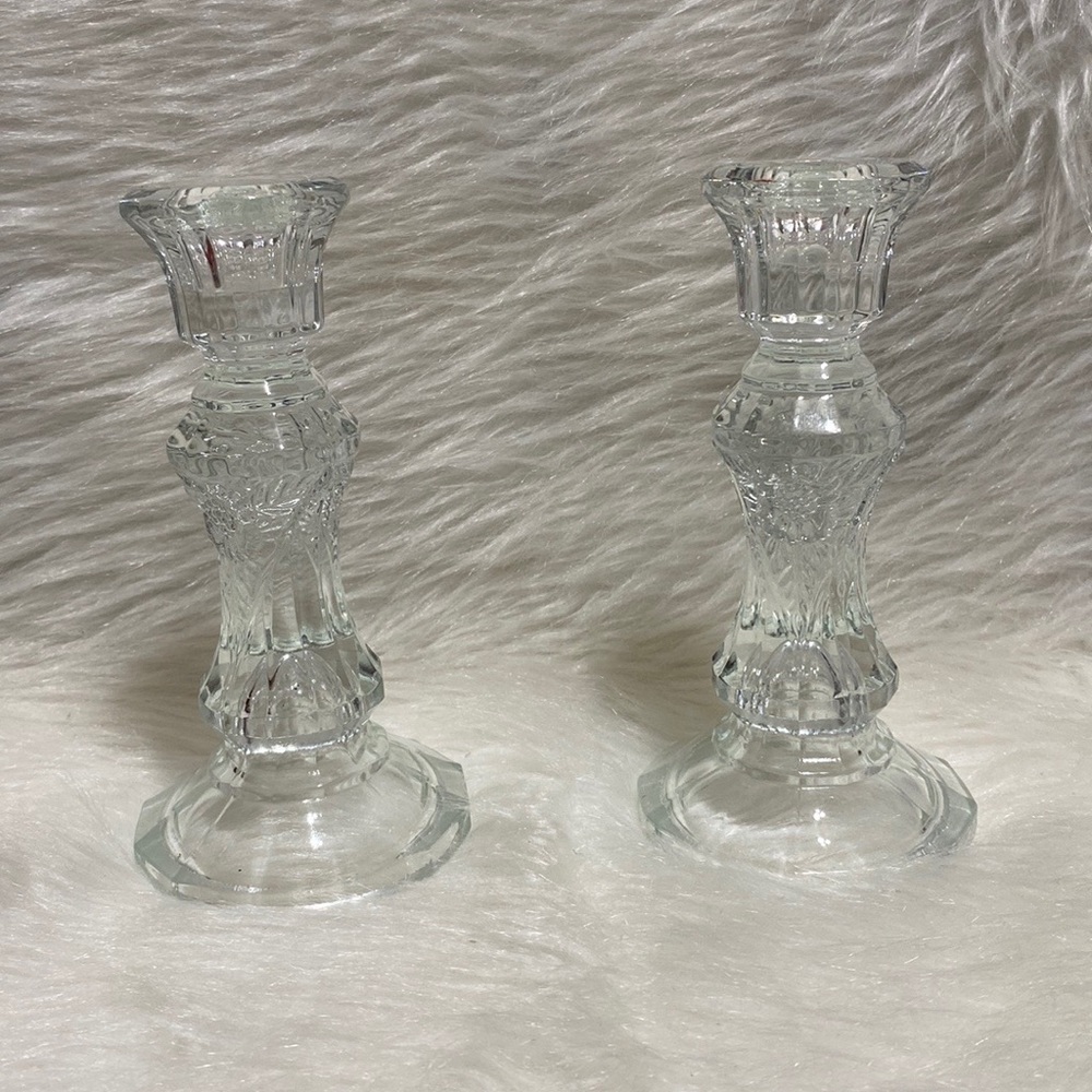 Unbranded Pair Crystal/Glass Etched Candlesticks